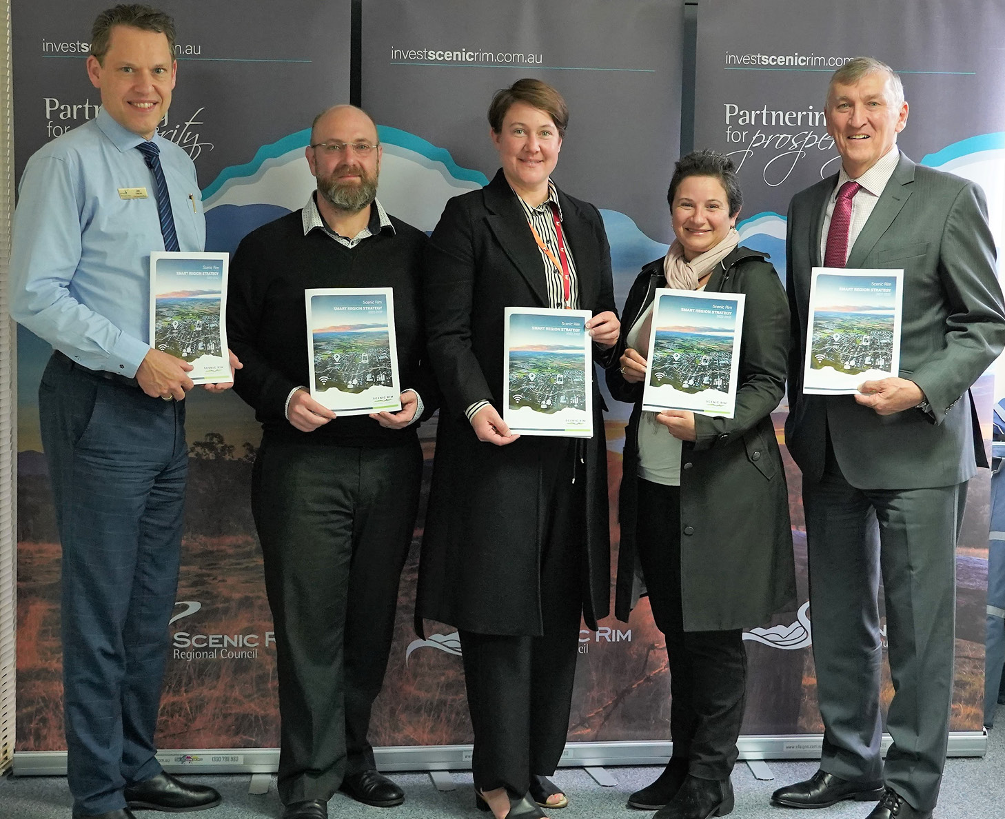Scenic Rim Regional Council CEO Jon Gibbons; Shannon Voyce - Telstra Local Relationship Manager, Caley Pearce - Telstra Regional Engagement Manager Southern Queensland and May Boisen - Telstra Regional General Manager; Scenic Rim Mayor Greg Christensen.
