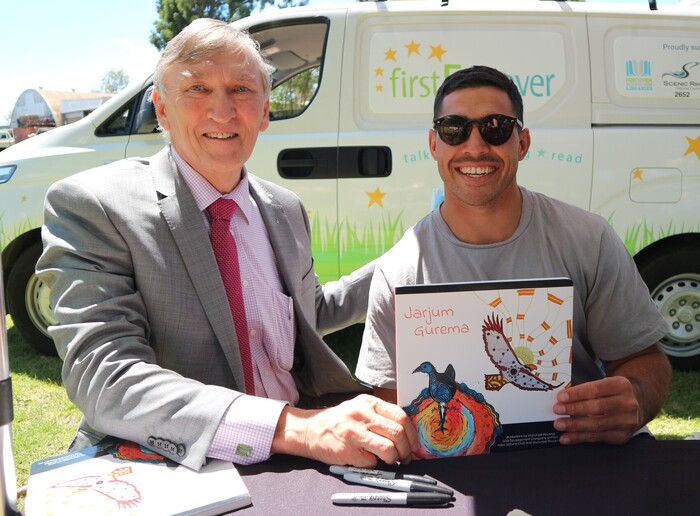 Scenic Rim Mayor Greg Christensen with Gold Coast Titans half back and local Beaudesert and Mununjali man Jamal Fogarty.