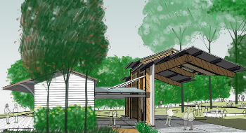 Artist impression of the multi-use precinct pavilion in the Beaudesert town centre precinct.